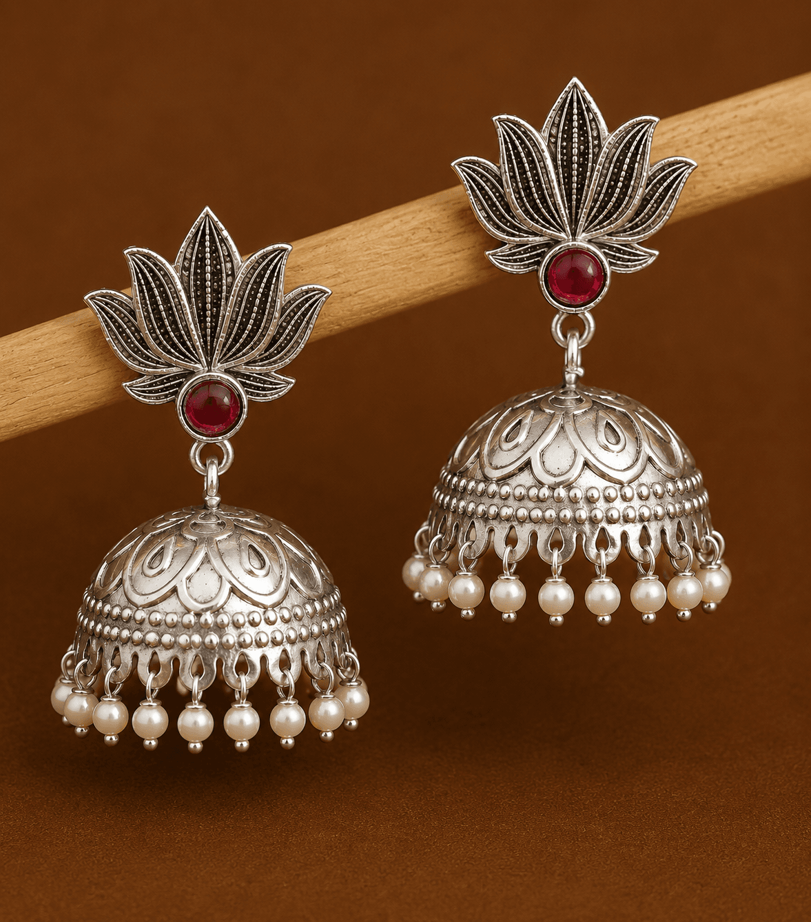 Kamala Jhumka Earrings in Ruby, size 5 cm